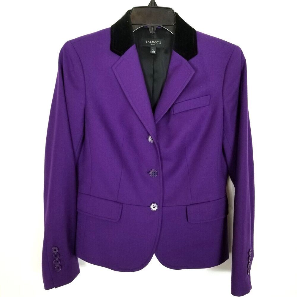 Talbots Women Wool Blend‎ Blazer Jacket Sz 4 P Purple Black Velvet Collar Preppy